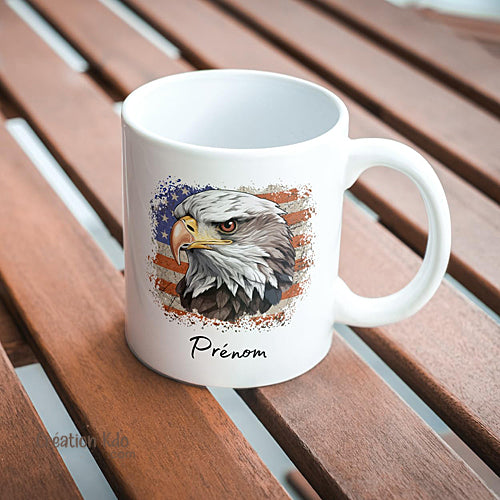 Mug Oiseau aigle royal thème Amérique drapeau USA personnalisé prénom