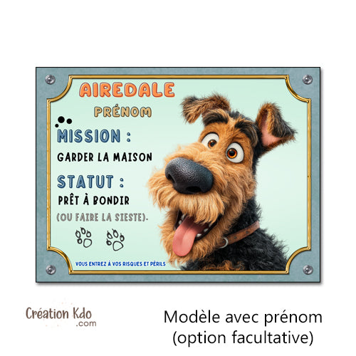 Plaque Airedale Panneau portail version cartoon dessin animé