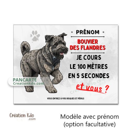 Plaque humoristique chien Bouvier des Flandres Je cours le 100 mètres panneau personnaliser