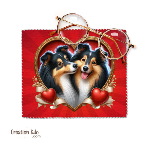 Essuie-lunette motif Berger des Shetland tricolores coeur rouge Chiffonnette tissu microfibre