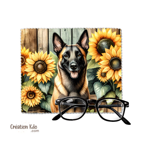 Essuie-lunette Malinois ambiance campagne tournesols chiffonnette microfibre personnalisé