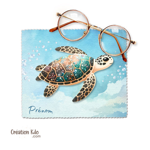Essuie-lunettes Tortue marine tons bleue tissu Microfibre chiffon à lunettes personnalisé prénom