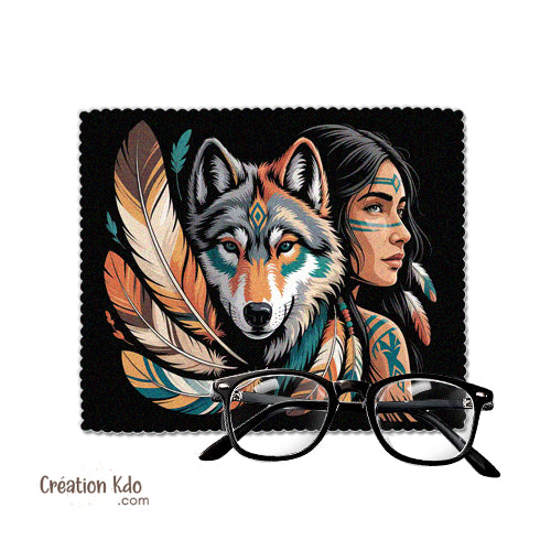 essuie lunette personnalisé motif loup femme native indien amérindien america chiffonnette microfibre lingette nettoyante tissu écrans téléphone