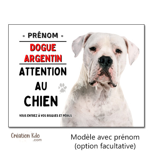 Dogue Argentin Plaque Attention au chien Panneau de portail
