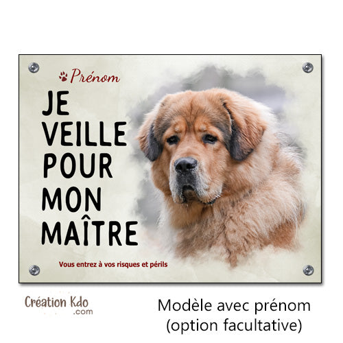 Plaque Dogue du Tibet fauve Panneau Je veille pour mon maître