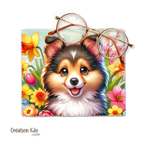 Essuie-lunette dessin Berger des Shetland plein de fleurs Chiffonnette tissu microfibre panneau je monte la garde