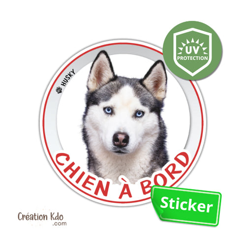 sticker rond Husky à bord autocollant voiture disque photo chien
