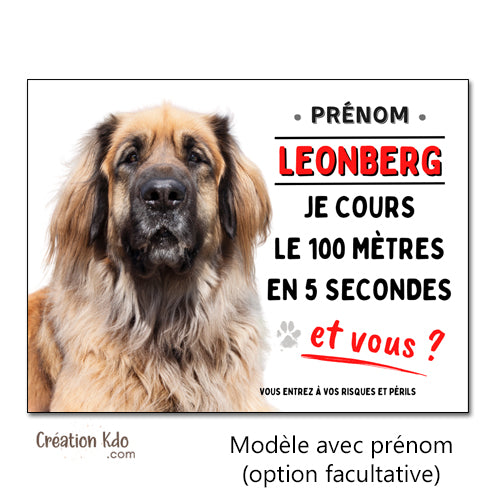 Panneau leonberg plaque attention au chien à personnaliser humour je cours le 100 mètres