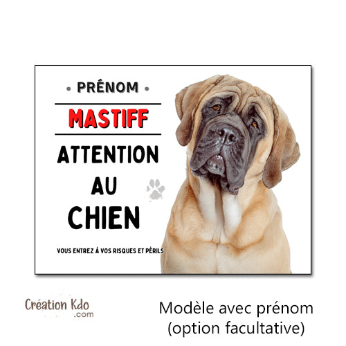 Panneau Attention au Chien Mastiff - Plaque de Portail