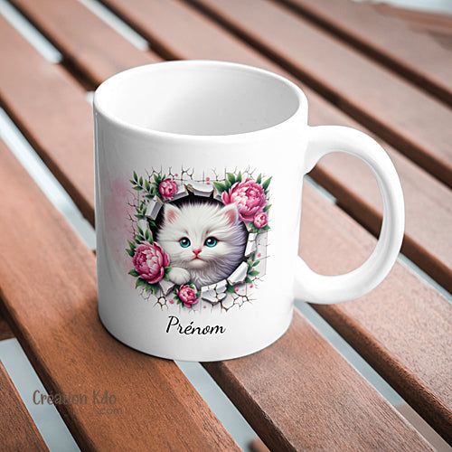 mug chaton personnalisé prénom tasse cadeau mignonne chat fleurs