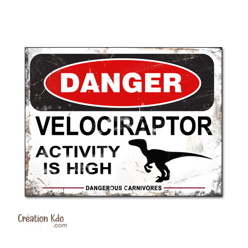 panneau danger dinosaure rétro area jurassic park plaque déco murale raptor vélociraptor