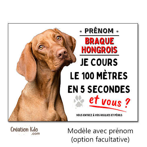 Plaque chien Attention Braque Hongrois Je cours le 100 mètres (Vizsla)