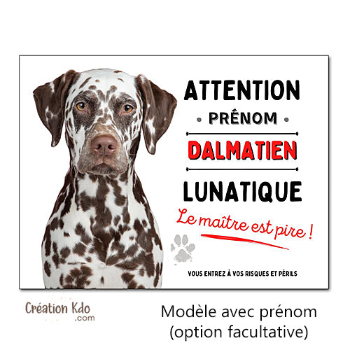 Plaque Dalmatien marron lunatique Panneau drôle attention au chien portail