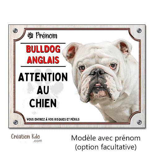 pancarte attention au chien bulldog anglais panneau monte la garde plaque portail personnalisée prénom