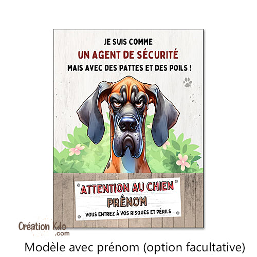 Plaque Dogue Allemand Agent de sécurité Panneau humour chien portail