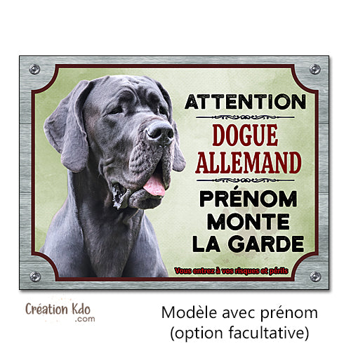 Plaque Dogue Allemand monte la garde Panneau attention au chien portail fond vert
