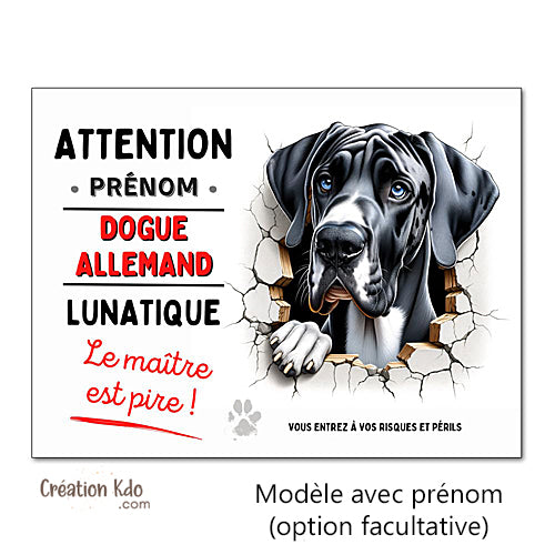 Plaque Dogue Allemand Panneau humour chien lunatique le maître est pire