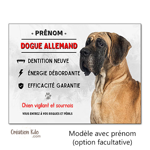 Plaque Dogue Allemand vigilant et sournois Panneau attention au chien portail