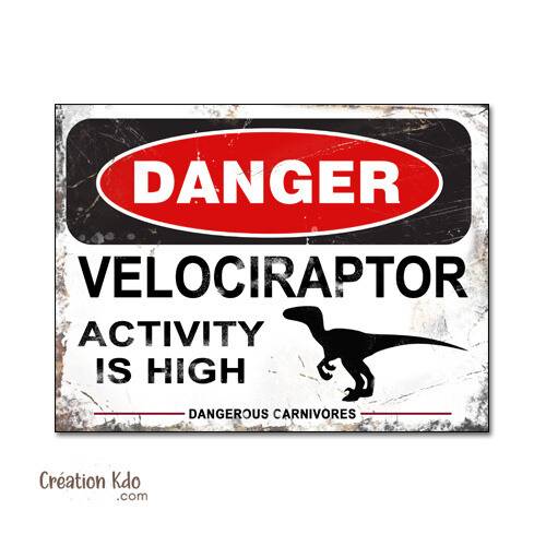 panneau danger dinosaure rétro area jurassic park plaque déco murale raptor vélociraptor anglais