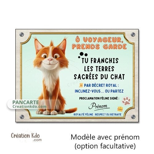 plaque humour attention au chat roux et blanc pancarte marrante panneau