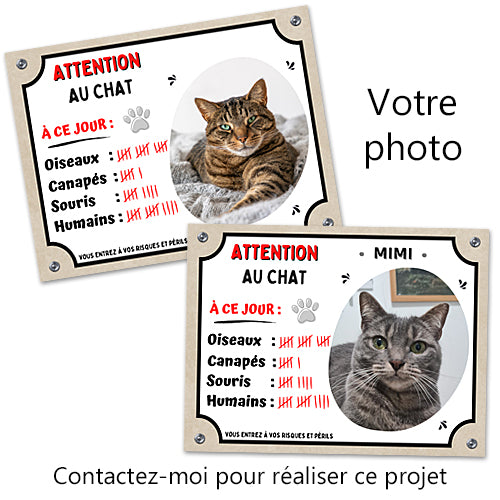 Plaque humour Attention au chat personnalisée avec votre photo modèle trophées