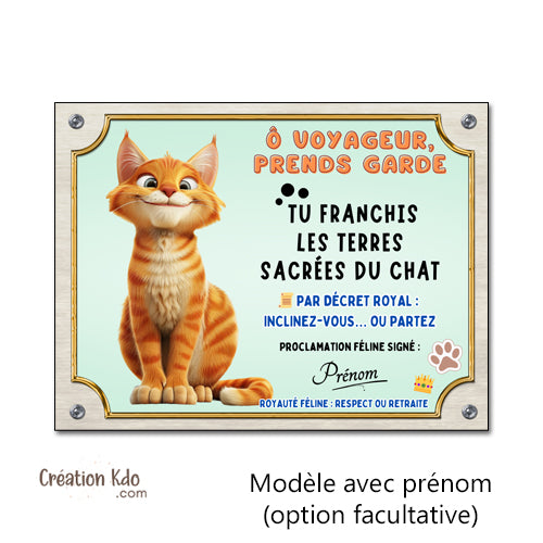 plaque humour attention au chat roux tigré pancarte marrante panneau à personnaliser photo