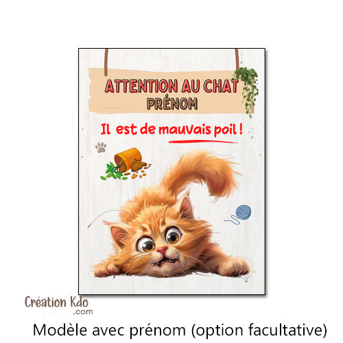 plaque humour attention au chat de mauvais poil panneau