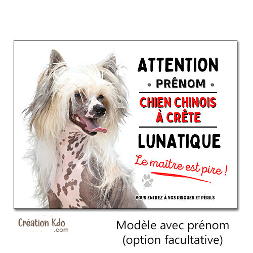 Plaque Attention au Chien Chinois à crête humour lunatique panneau portail