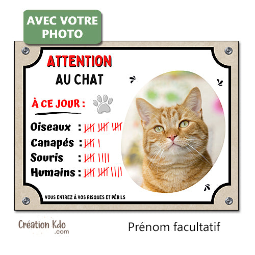 Plaque humour Attention au chat personnalisée avec votre photo modèle trophées