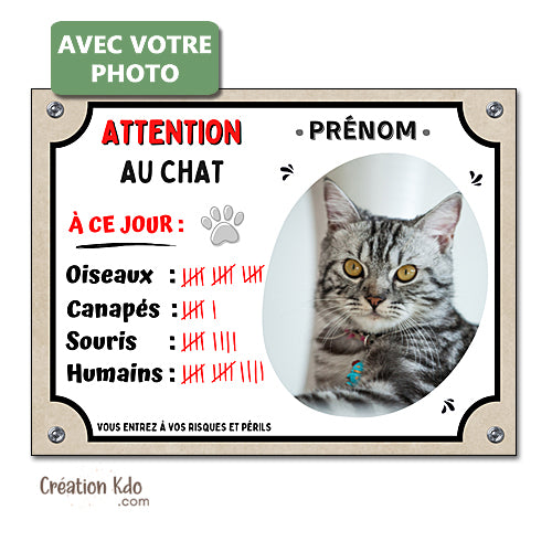 Plaque humour Attention au chat personnalisée avec votre photo modèle trophées