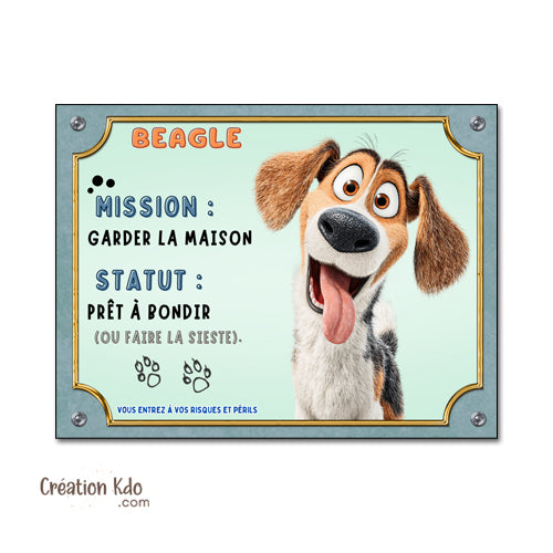 Plaque Attention au chien Beagle panneau dessin animé mission garder la maison je monte la garde