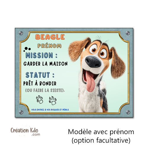 Plaque Attention au chien Beagle panneau dessin animé mission garder la maison