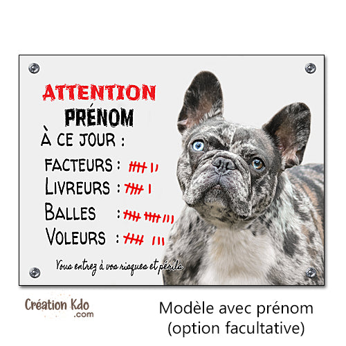 plaque humour bouledogue français merle panneau attention au chien
