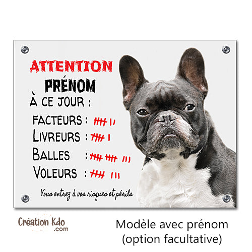 plaque humour bouledogue français noir et blanc panneau attention au chien