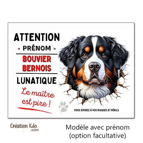 panneau attention bouvier bernois monte la garde plaque chien lunatique portail personnalisé prénom