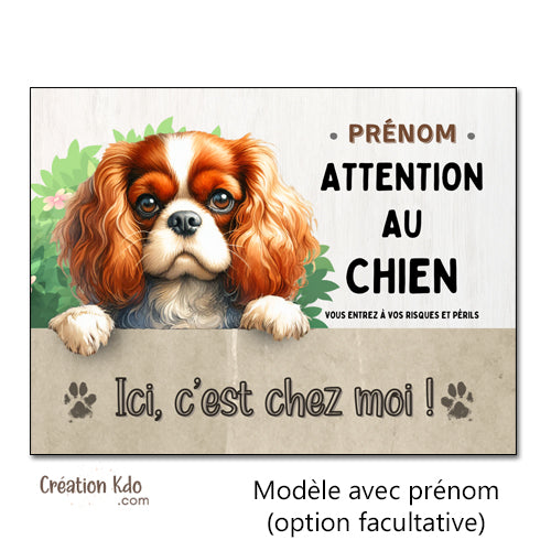 panneau cavalier king charles attention au chien pelage blenheim plaque monte la garde à personnaliser