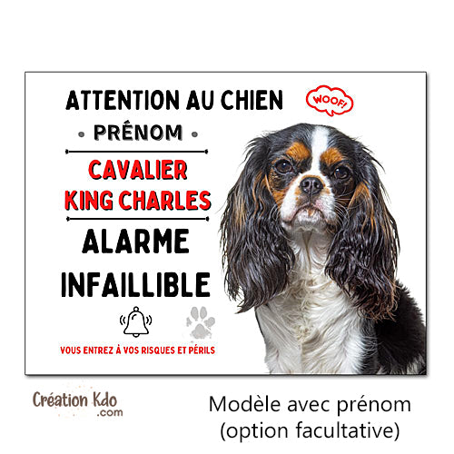 Plaque Cavalier King Charles tricolore humour Alarme infaillible panneau portail