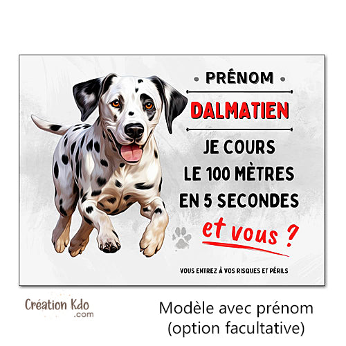 Plaque Dalmatien humour Je cours le 100 mètres Panneau attention au chien portail
