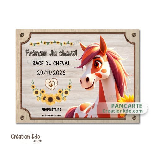 Plaque de box cheval personnalisée panneau d'écurie nom, race, année pancarte dessin animé equestre équitation