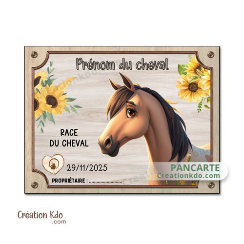 Plaque de box cheval spirit marron à personnaliser panneau d'écurie nom, race, année