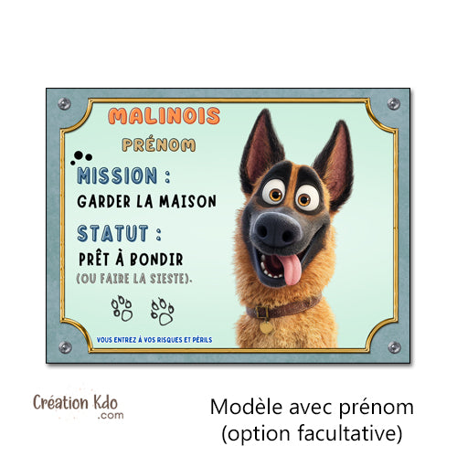 plaque malinois chien humour cartoon je monte la garde panneau portail