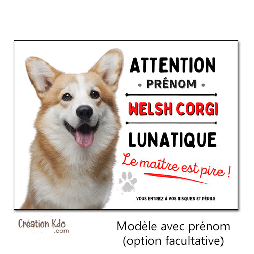 Welsh Corgi Plaque humour Attention au chien lunatique Panneau
