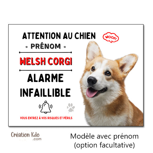 Plaque humour Attention au chien Welsh Corgi Alarme infaillible Panneau