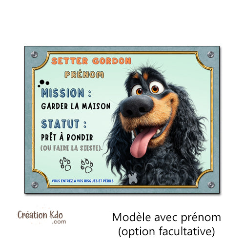 Panneau Setter Gordon Humour "Mission Garder la Maison" - Plaque de Portail photo personnalisée