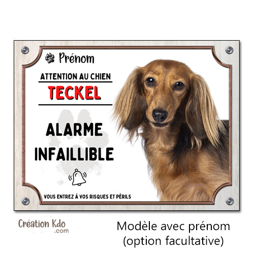 panneau attention au chien teckel poil long plaque je monte la garde portail à personnaliser