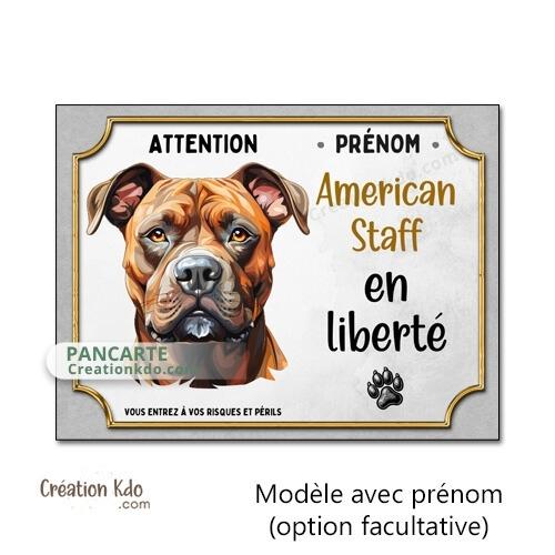 plaque american staff attention au chien  en liberté panneau portail je monte la garde amstaff Staffordshire personnalisé