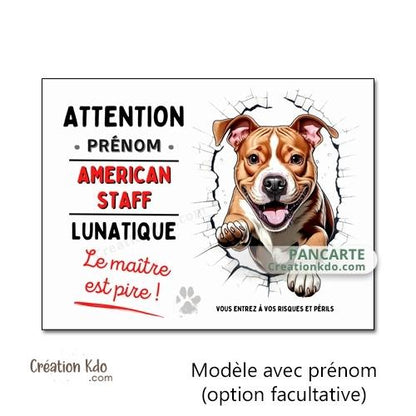 panneau american staff amstaff lunatique humour je monte la garde plaque chien portail