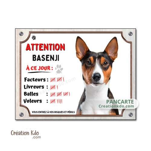 plaque humour basenji tricolore panneau attention au chien je monte la garde