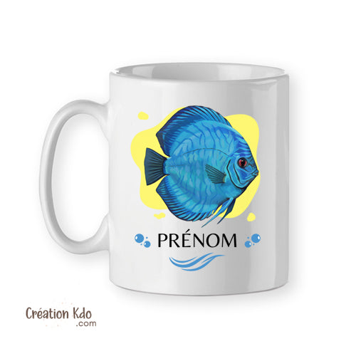 Mug poisson Discus bleu Tasse aquariophilie céramique personnalisé prénom