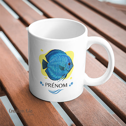 Mug poisson Discus bleu Tasse aquariophilie céramique personnalisé prénom